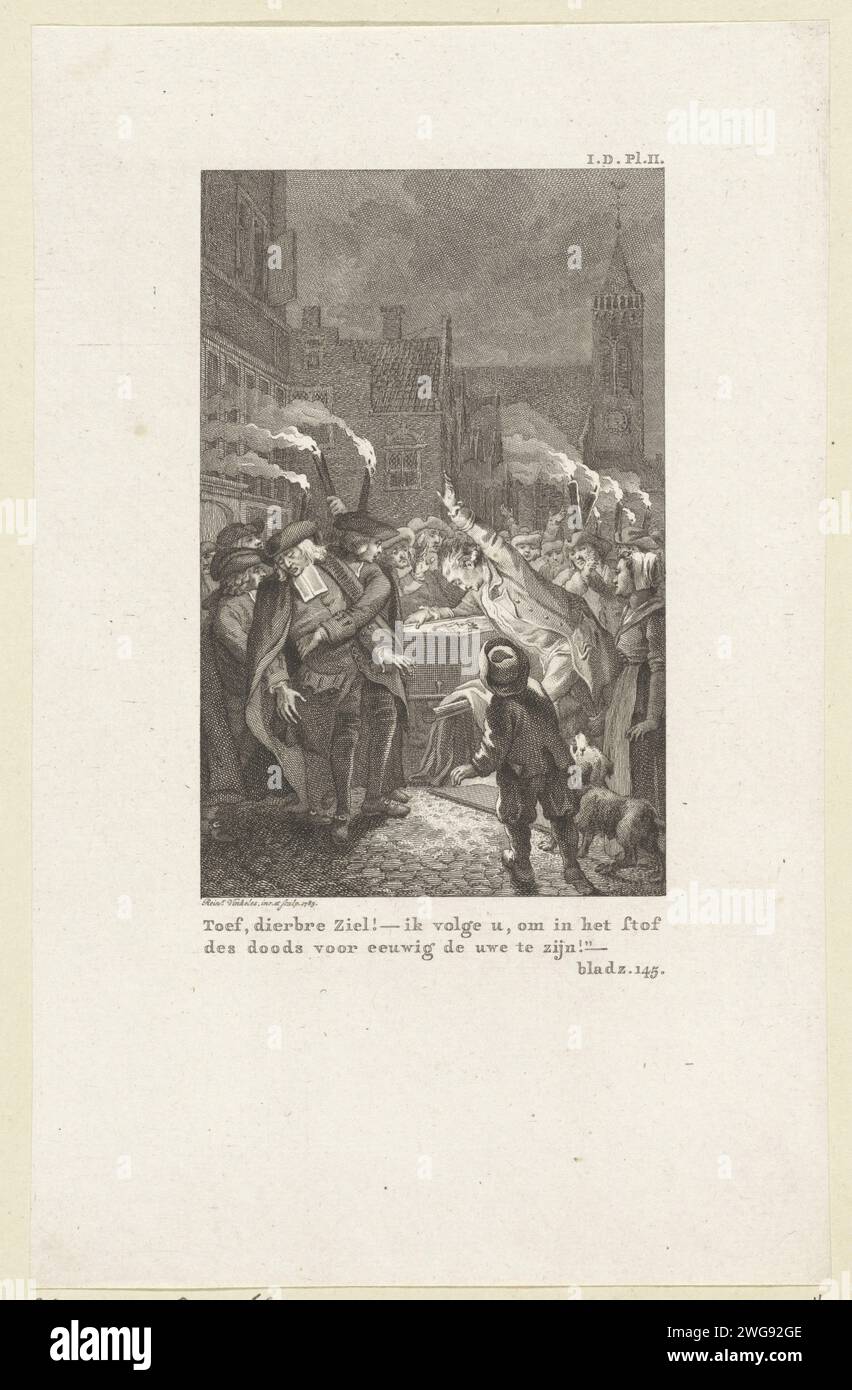 Ferdinand at the dead body of Cecilia, Reinier Vinkeles (I), 1785 print In a Dorpsstraat, Ferdinand looks at the dead body of Cecilia and swears to reject her. People have gathered with torches around the coffin. Amsterdam paper etching / engraving violent death, being killed; being mishandled and maltreated; seeking death - EE - death not certain; wounded person. mourning the dead. blood-revenge, vendetta. torch Stock Photo
