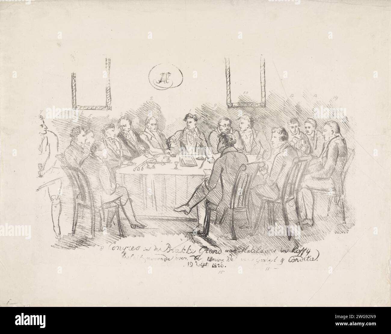 Meeting of coffee brokers in the Brakke Grond in Amsterdam, 1820, Julianus Amtonius Heintzen, 1820 print Meeting of brokers in coffee in the De Brakke Grond inn on the Nes in Amsterdam on September 19, 1820. A group of men sitting around a table. Central chairman Sam. Voûte, To his to his left the draftsman J.A. Heintzen Jr. The people depicted with pencil numbered 1-15, at the print a piece of paper with a legend with the corresponding names. Netherlands paper  meeting, assembly. coffee Amsterdam. Brackish Stock Photo