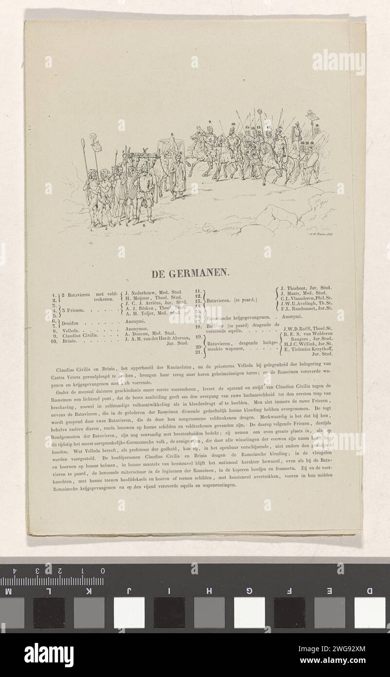 Utrechtse Maskerade from 1851: Germans, 70 AD. Chr., 1851 print Procession of a Germanic tribe, in the year 70 AD. With legend 1-21 with the names of the students and below a text about the proposed event. Part of the booklet with eight reduced performances of the eight prints in the series of the masquerade of the Utrecht students, 25 June 1851. The Maskerade depicts eight episodes from national history in scenes. Utrecht paper letterpress printing students' pageant. costumes used in pageants Stock Photo