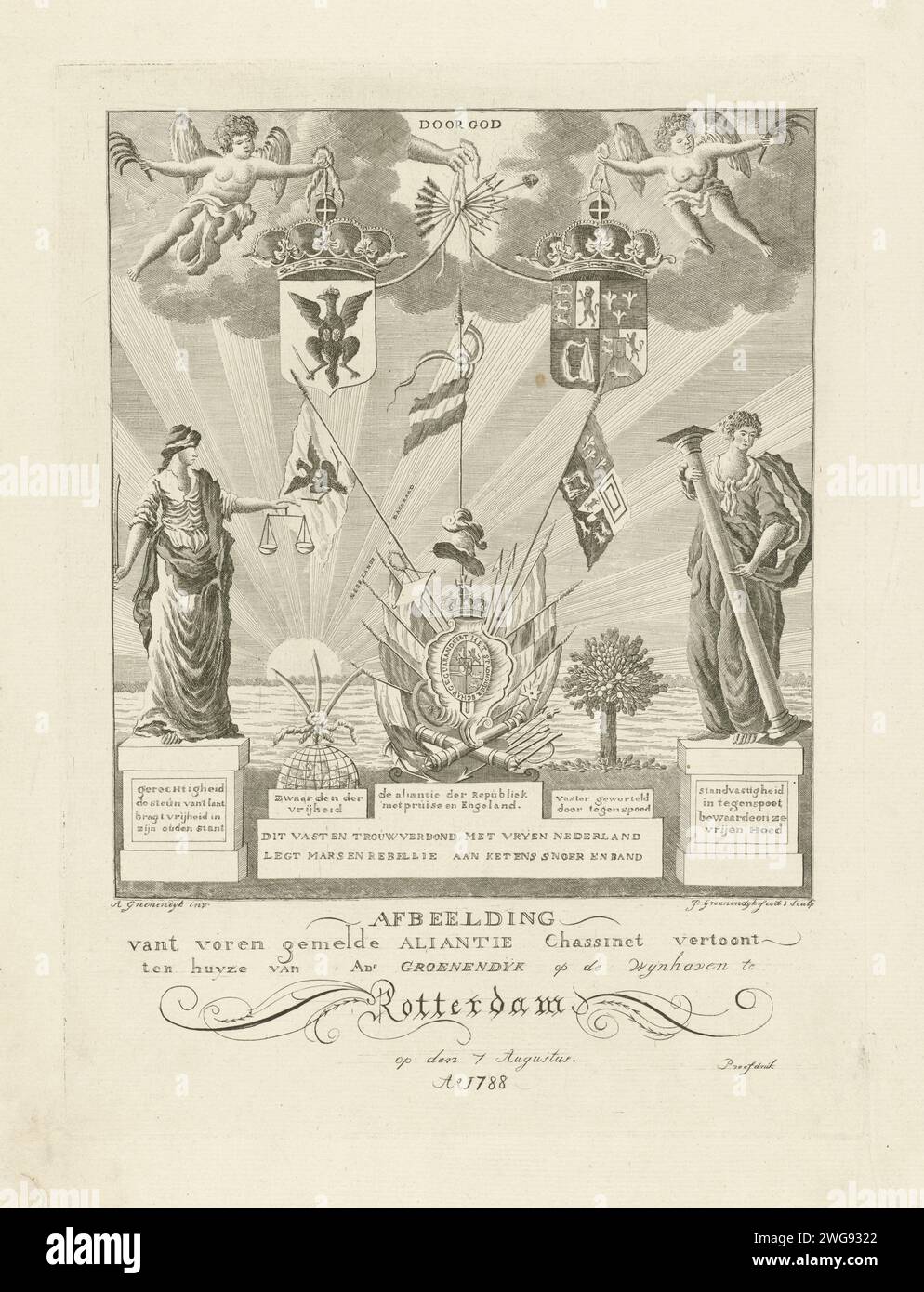 Allegory on the Triple Alliance between the Republic of the Seven United Provinces, Prussia and the United Kingdom, 1788, Jacob Groenendijk, After A. Groenendijk, 1788 print Allegory on the Triple Alliance from 1788 in Rebus form. In the middle the coat of arms of the Republic of the Seven United Provinces. In addition, the coats of arms of Prussia (left) and the United Kingdom (right), stopped by angels and by the hand of God. In addition to the coats of arms, three swords that are bound together and the personification justice. On the right a rooted tree and the personification steadfastness Stock Photo