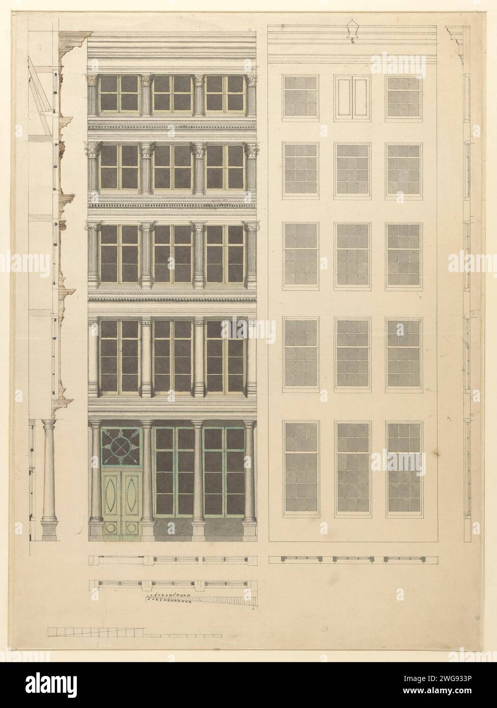 Design for a front and side view of a facade and windows, Wybrand ...