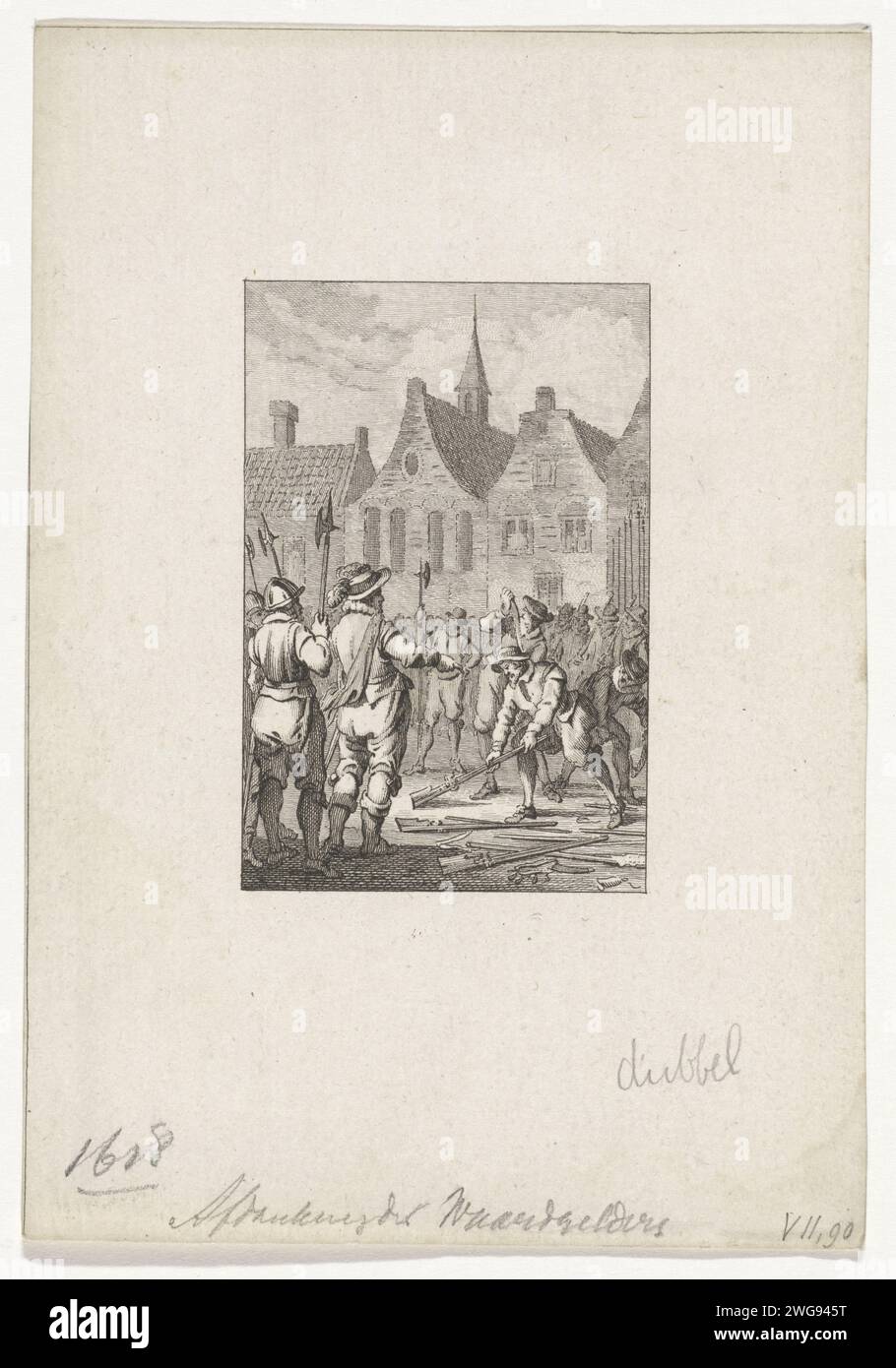 Department of the Waardgelders in Utrecht, 1618, Reinier Vinkeles (I), After Jacobus Buys, 1783 - 1795 print The disposal of the Waardgelders on the command of Prince Maurits, on the Neude in Utrecht, July 31, 1618. The soldiers put their weapons on the ground at the feet of Prince Maurits. Amsterdam paper etching assembling of military forces; mobilization, troop concentration, etc.. warfare; military affairs (+ mercenary troops, e.g.: lansquenets). demobilization Neud Stock Photo