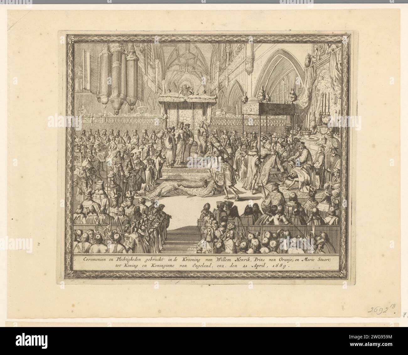 The coronation of Willem and Mary as King and Queen of England, 1689, 1691 print The coronation of William III and Mary as King and Queen of England in Westminster Abbey, April 21, 1689. Plate 13 in a series of 20 records about the Glorious Revolution in England in the years 1688-1691. Northern Netherlands paper etching during the coronation Westminster Abbey Stock Photo