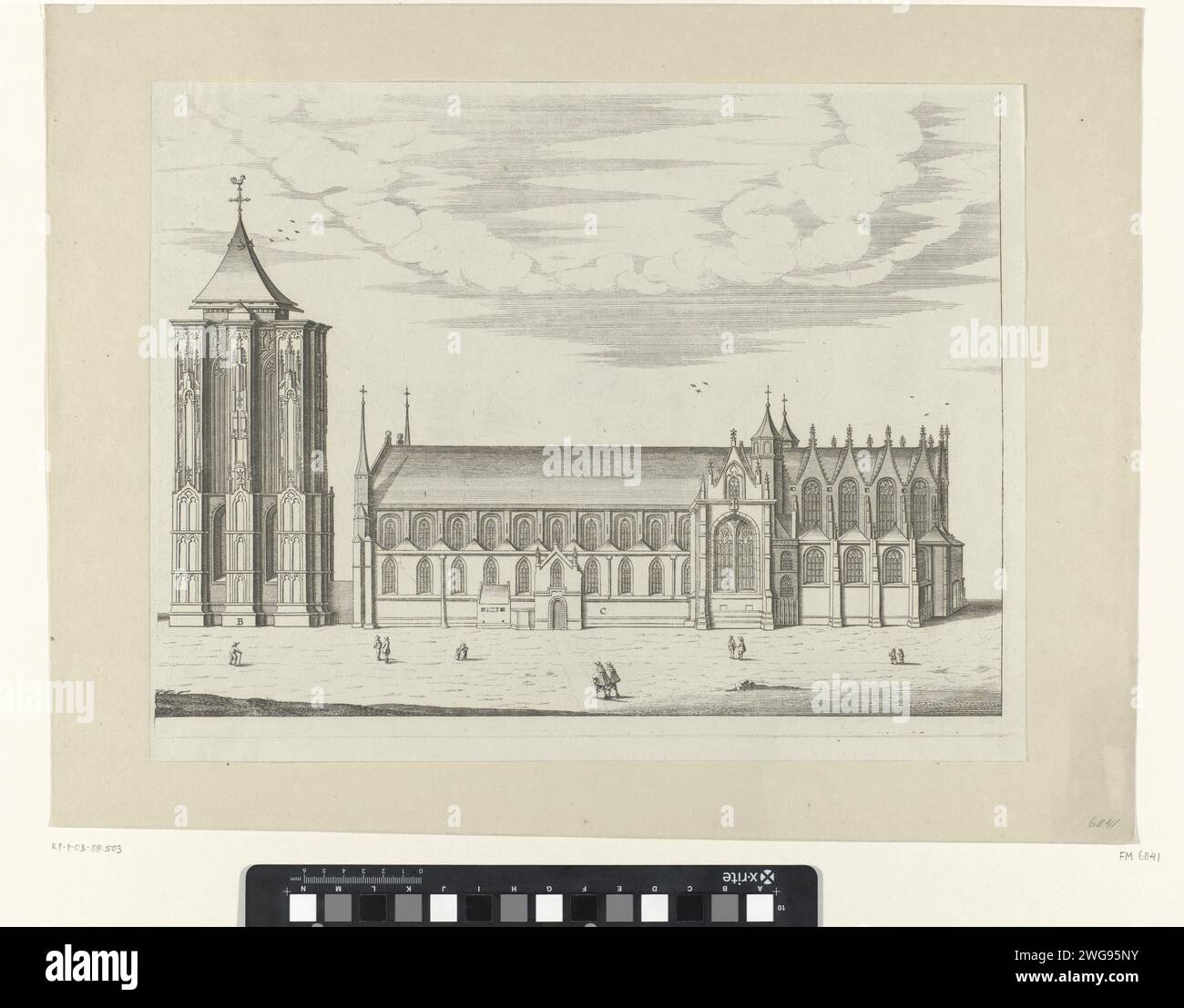 Sint -Lievensmonsterkerk and Toren in Zierikzee, in Welstand, before the fire of 1832, 1600 - 1699 print Sint -Lievensmonsterkerk and tower or Grote Kerk in Zierikzee, in Welstand, before the fire of October 6, 1832. With a few figures on the road, the tower and the church indicated by the letters B and C. Northern Netherlands paper engraving church (exterior) Sint-Lievens monster tower. Sint-Lievensmonsterkerk Stock Photo