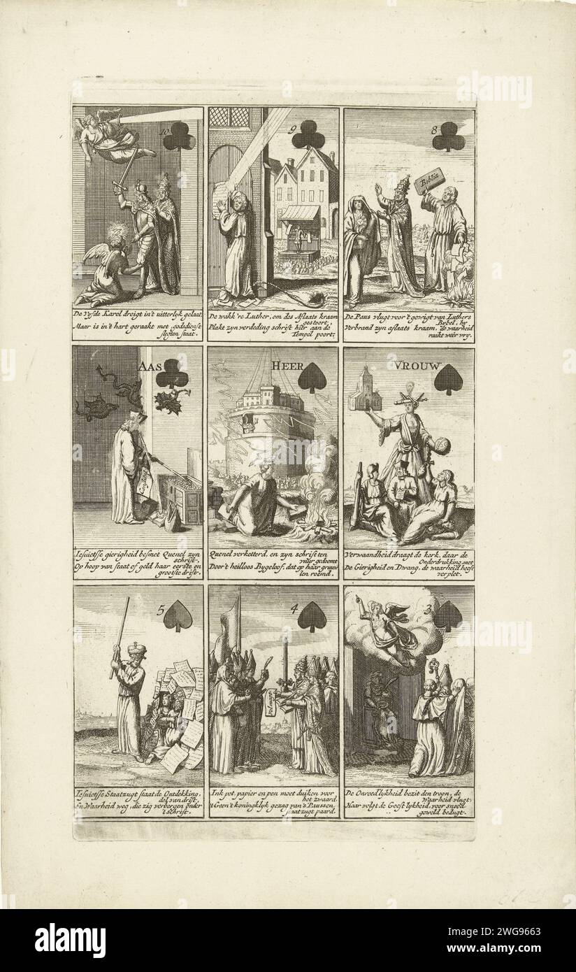 Nine cards with cartoons on the Roman infallibility, 1724, 1724 print Partiles on the Roman infallibility in the form of a card game, 1724. Nine cards that refer to the Bul of Constitution Unigenitus of Pope Clemens XI regarding the infallibility of the Pope and against the ideas of the Jansenists and Quesnel. Each card with a caption in Dutch. Northern Netherlands paper etching representants of the Church (Christians in general, laymen, monks, etc.) in strife with each other or with opponents. playing-cards Stock Photo