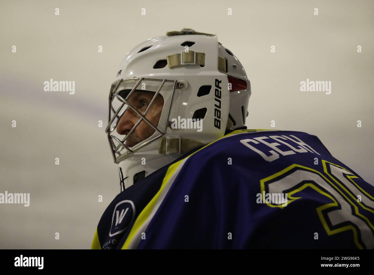 Gillingham, UK. 03rd Feb, 2024. Petr Cech of Oxford City Stars warms up before the NIHL South