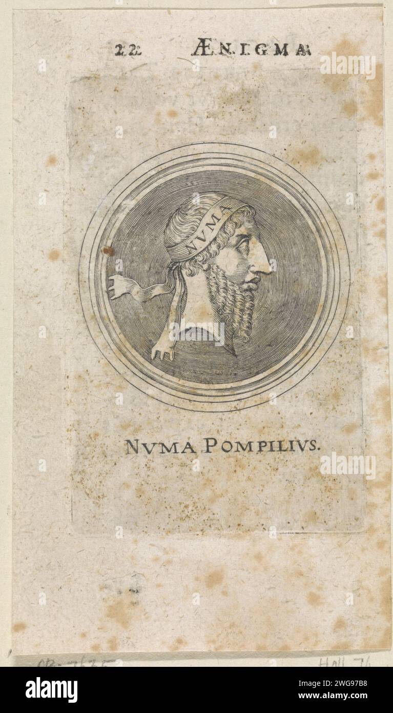 Portret van Numa Pompilius, Raphael Sadeler (2), 1623 print Kop van Numa Pompilius, the second king of Rome. To an antique currency from the Roman Empire period. Publisher: Munich Printer: Ingolstadt paper engraving / letterpress printing coin. (story of) Numa Pompilius - portrait of person from classical history Stock Photo