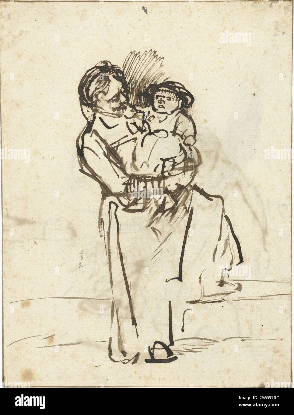 Standing Woman Holding a Child, Jan Victors (attributed to), c. 1635 - c. 1638 drawing  Amsterdam paper. ink pen mother and baby or young child Stock Photo