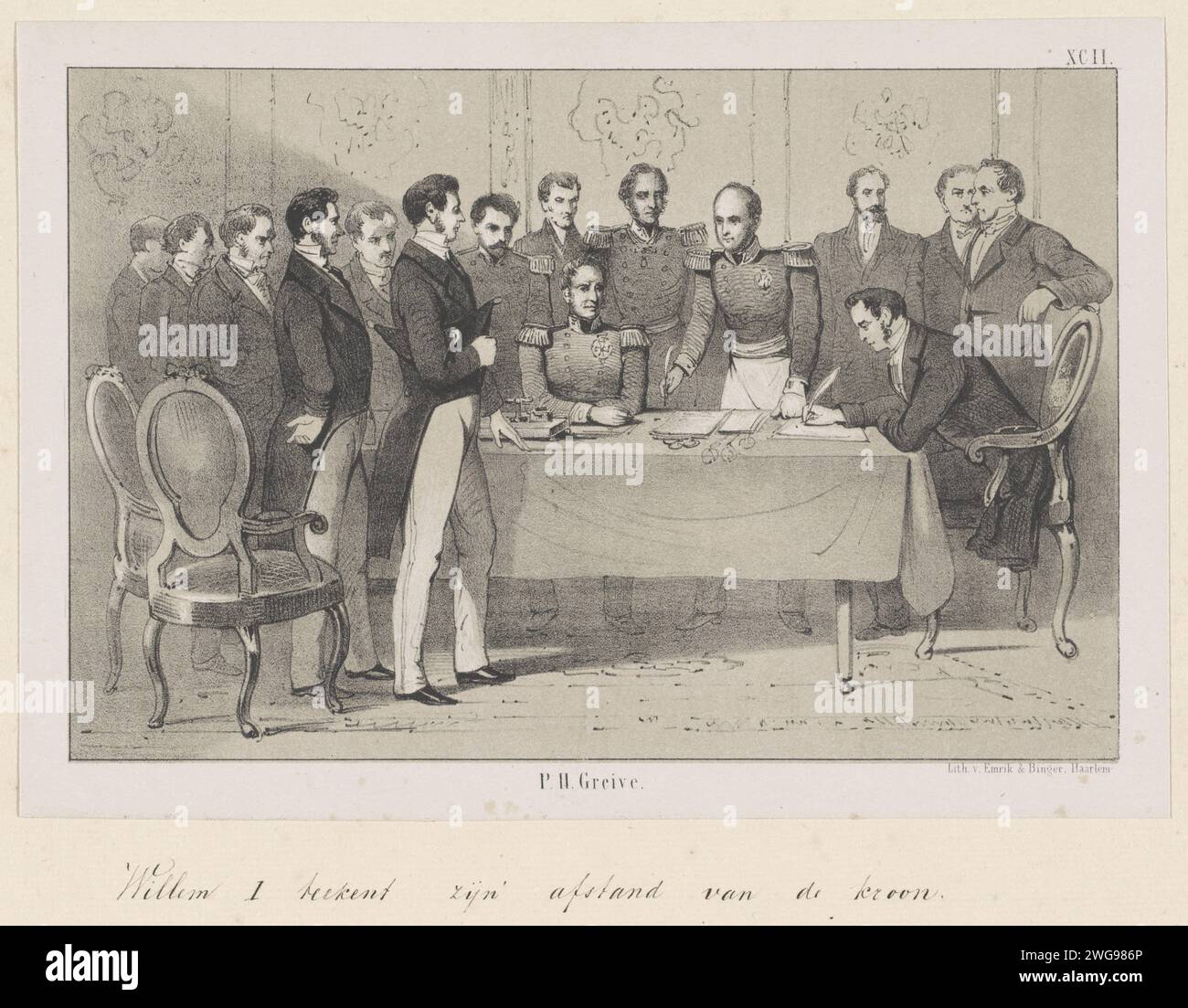 Abdication of Willem I, 1840, 1853 - 1861 print Throne distance by King William I in a room on Paleis Het Loo on October 7, 1840. The king sitting behind a table, his son the Prince of Orange standing to draw the document. Around them statesmen and members of the court. Numbered at the top right: XCII. print maker: Netherlandsafter drawing by: Netherlandsprinter: Haarlem paper  voluntary abdication (of a ruler) - BB - female ruler Palace Het Loo Stock Photo