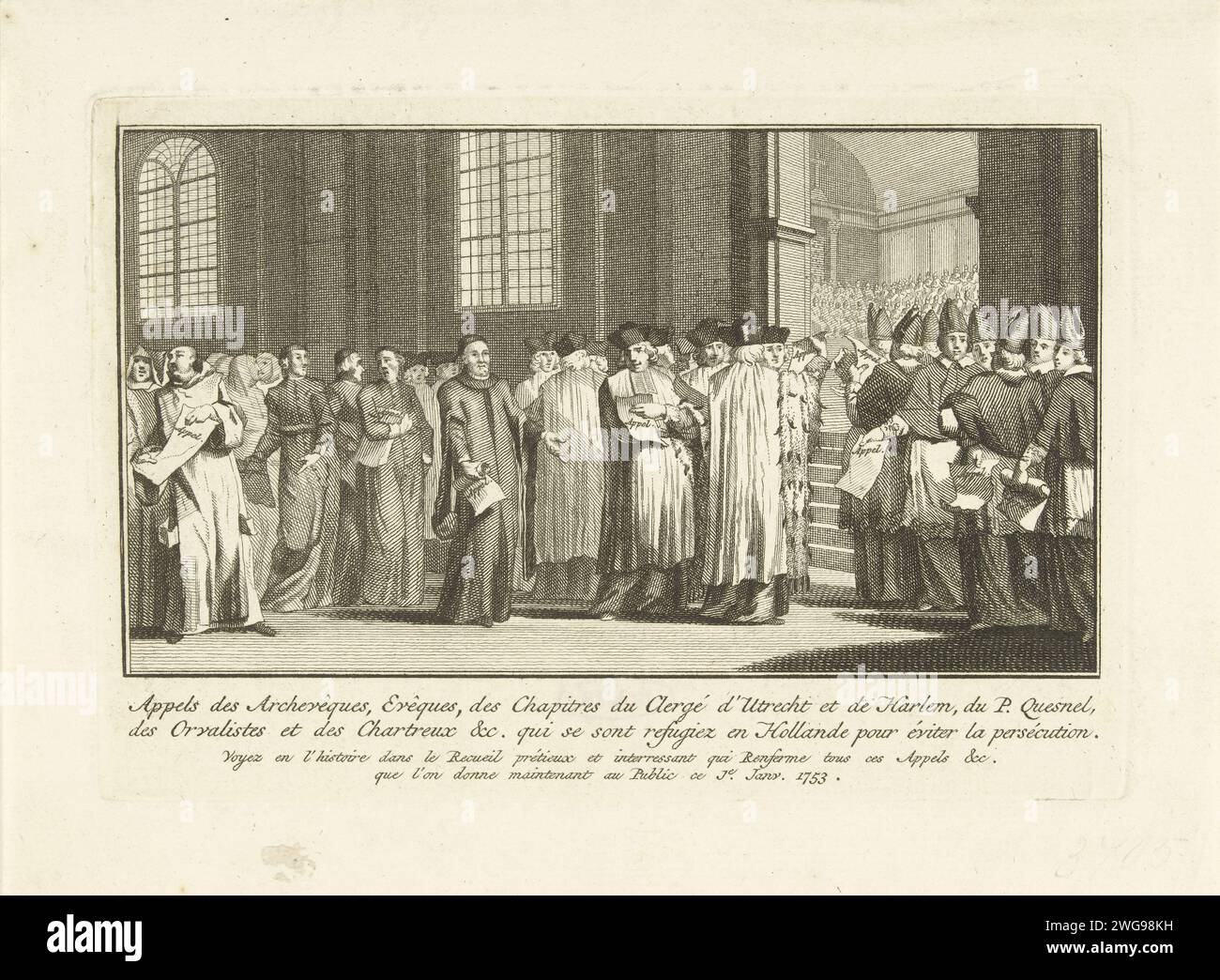 The appeal of the Jansenists, ca. 1723, 1753 - 1799 print The appeal of the Jansenists and all other Catholic clergy in exile fled during a church meeting of Catholic clergy of Utrecht and Haarlem, following the publications of Pasquier Quesnel, ca. 1723. Netherlands paper etching representants of the Church (Christians in general, laymen, monks, etc.) in strife with each other or with opponents Stock Photo