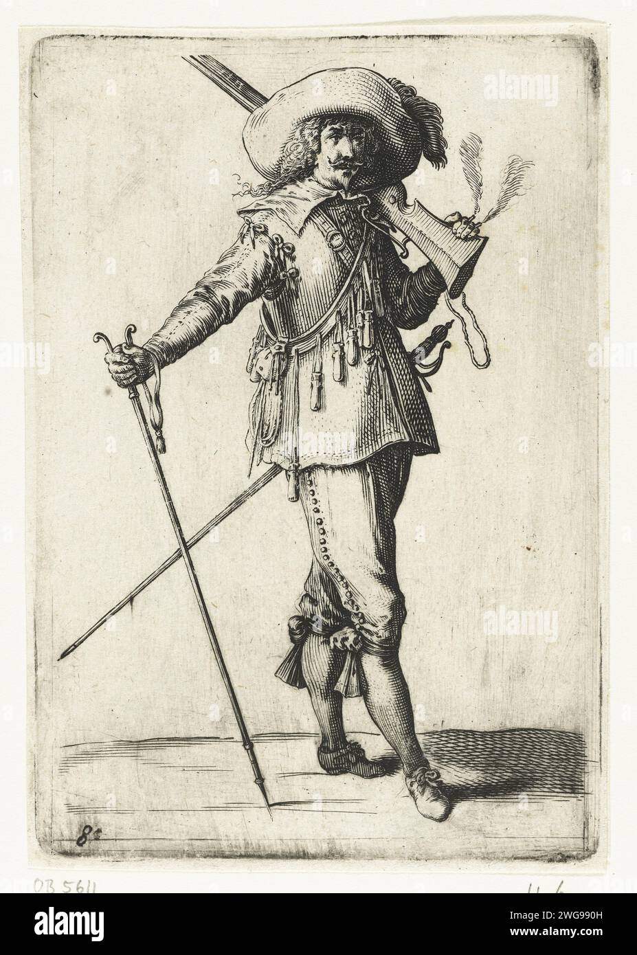 Standing soldier with musket over the shoulder and gun holder in the right hand, Salomon Savery, after Pieter Jansz Quast, 1630 - 1665  Standing soldier with musket over the shoulder and gunman in the right hand. Hat with wide weak edge on the head. The print is part of a ten-part series with performances of armed officers and soldiers, dressed according to Dutch fashion ca. 1625-1635. Amsterdam paper engraving clothes, costume (+ men's clothes). head-gear: hat (+ men's clothes). clothing for the upper part of the body (DOUBLET) (+ men's clothes). trousers, breeches (+ men's clothes). stocking Stock Photo