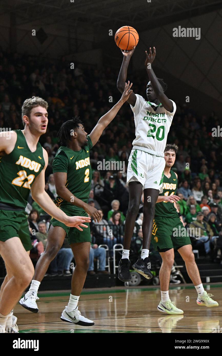 North Dakota Fighting Hawks forward B.J. Omot (20) takes a jump shot during an NCAA men's Summit League basketball game between the North Dakota State Bison and the University of North Dakota Fighting Hawks at Betty Engelstad Sioux Center in Grand Forks, ND on Saturday, February 3, 2024. North Dakota won 60-58.Russell Hons/CSM Stock Photo