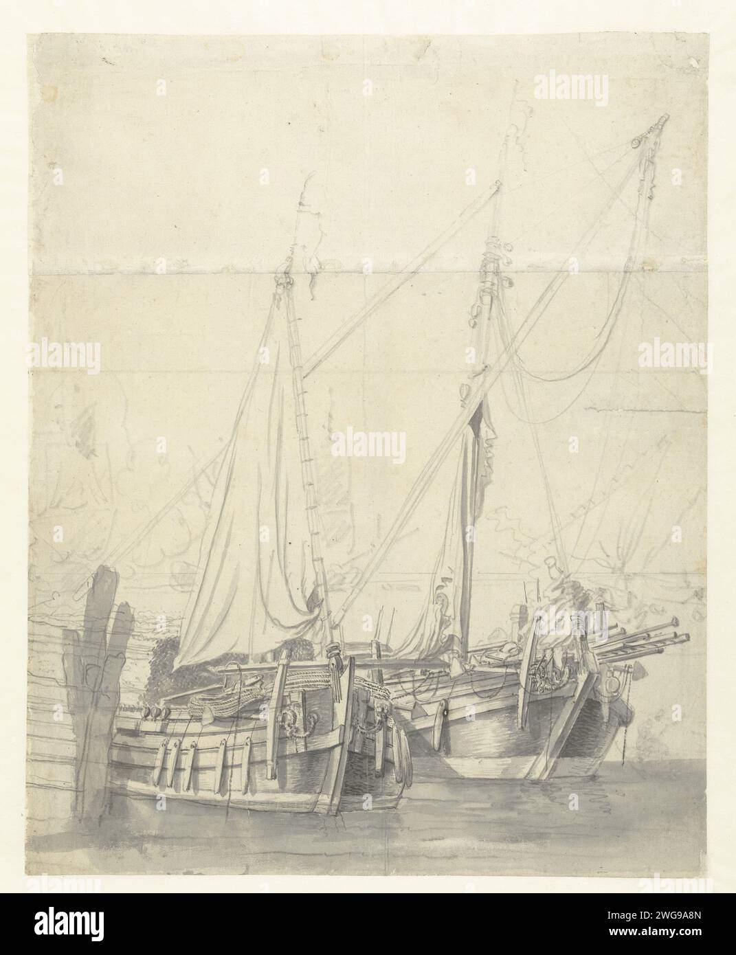 Two turn ships, Willem van de Velde (I), 1643 - 1707 drawing   paper. pencil brush sailing-ship, sailing-boat Stock Photo