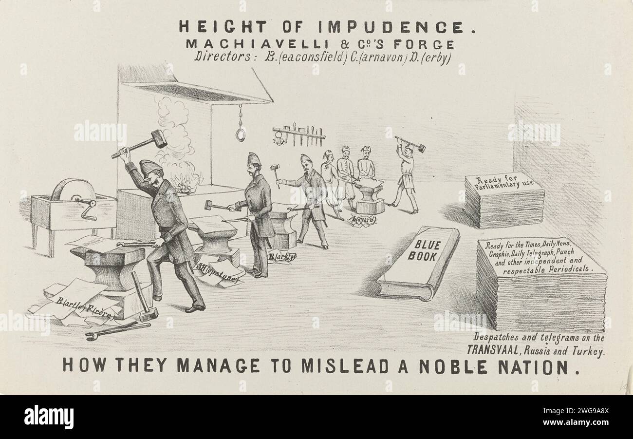 Forge of misleading messages, 1877, 1877 - 1880 print In the forge run by Beaconsfield, Carnarvon and Derby, messages and telegrams about the transvaal (and Russia and Turkey) are manufactured to mislead the press and parliament. The blacksmith second from the left is Shepstone. Part of the series of eleven cartoons on the British annexation of Transvaal in 1877. South Africa (Possible) paper  smith, blacksmith Transvaal Stock Photo