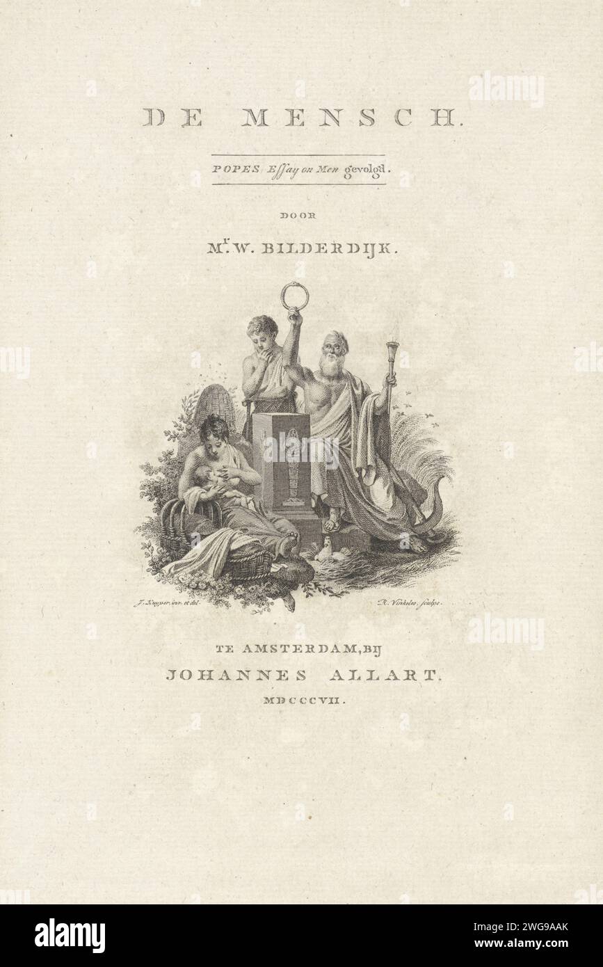 Title page for: Willem Bilderdijk, 'De Mensch', 1807, Reinier Vinkeles (I), After Jacques Kuyper, 1807 print  Amsterdam paper etching / engraving serpent Ouroboros. nursing, suckling. bee-hive Stock Photo