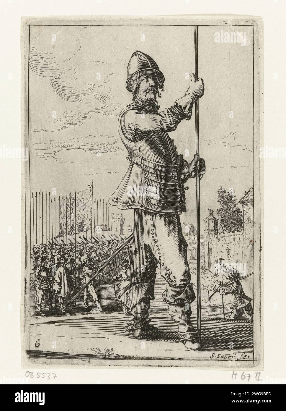 Standing soldier with Speer, Salomon Savery, After Pieter Jansz Quast, 1630 - 1665  Soldier with spear, in the background the infantry with standard bearer. The print is part of a ten-part series with performances of armed officers and soldiers, dressed according to Dutch fashion ca. 1625-1635. Amsterdam paper etching / engraving clothes, costume (+ men's clothes). the soldier; the soldier's life. helved weapons, polearms (for striking, hacking, thrusting): pike. land forces (+ infantry) Stock Photo