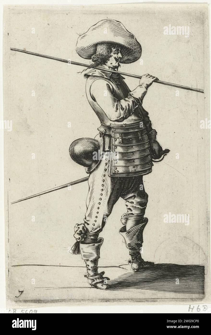 Standing soldier with Borstkuras and spear over the shoulder, and Profil, Salomon Savery, after Pieter Jansz Quast, 1630 - 1665  The print is part of a ten-part series with performances of armed officers and soldiers, dressed according to Dutch fashion ca. 1625-1635. Amsterdam paper engraving clothes, costume (+ men's clothes). the soldier; the soldier's life. helved weapons, polearms (for striking, hacking, thrusting): lance Stock Photo