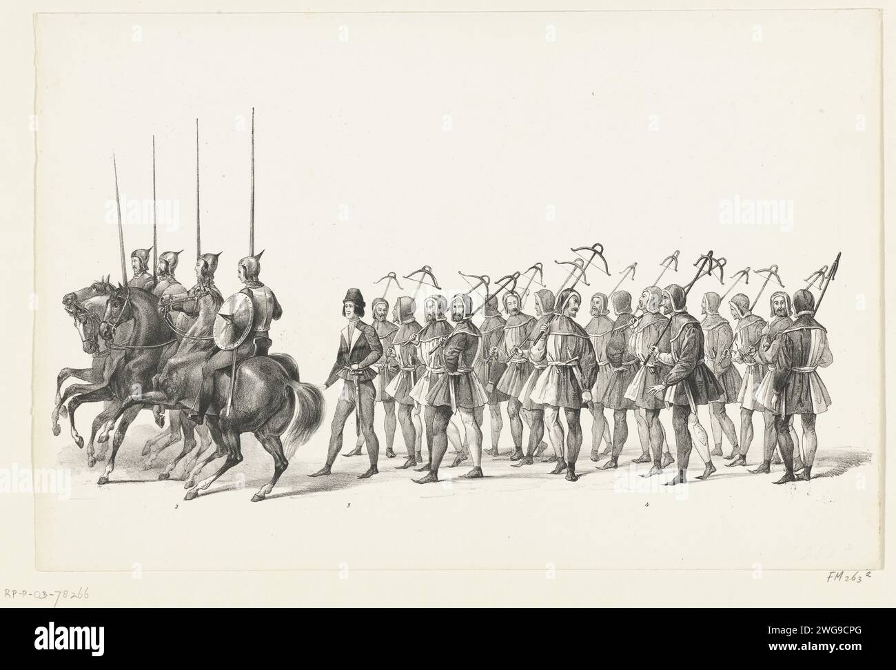 Procession Nrs 2-4, 1840 print Procession nrs 2-4: riders and archers. Part of the press series of the Maskerade of the entry of Hertog Jan van Beieren in Leiden on August 18, 1420 by the Leiden students on February 8, 1840. Netherlands paper  Triummphal Entry and Public Reception, pageant, 'solemn entrance', 'Joyeuse entrance'. Students' Pageant To lead. university of Leiden Stock Photo