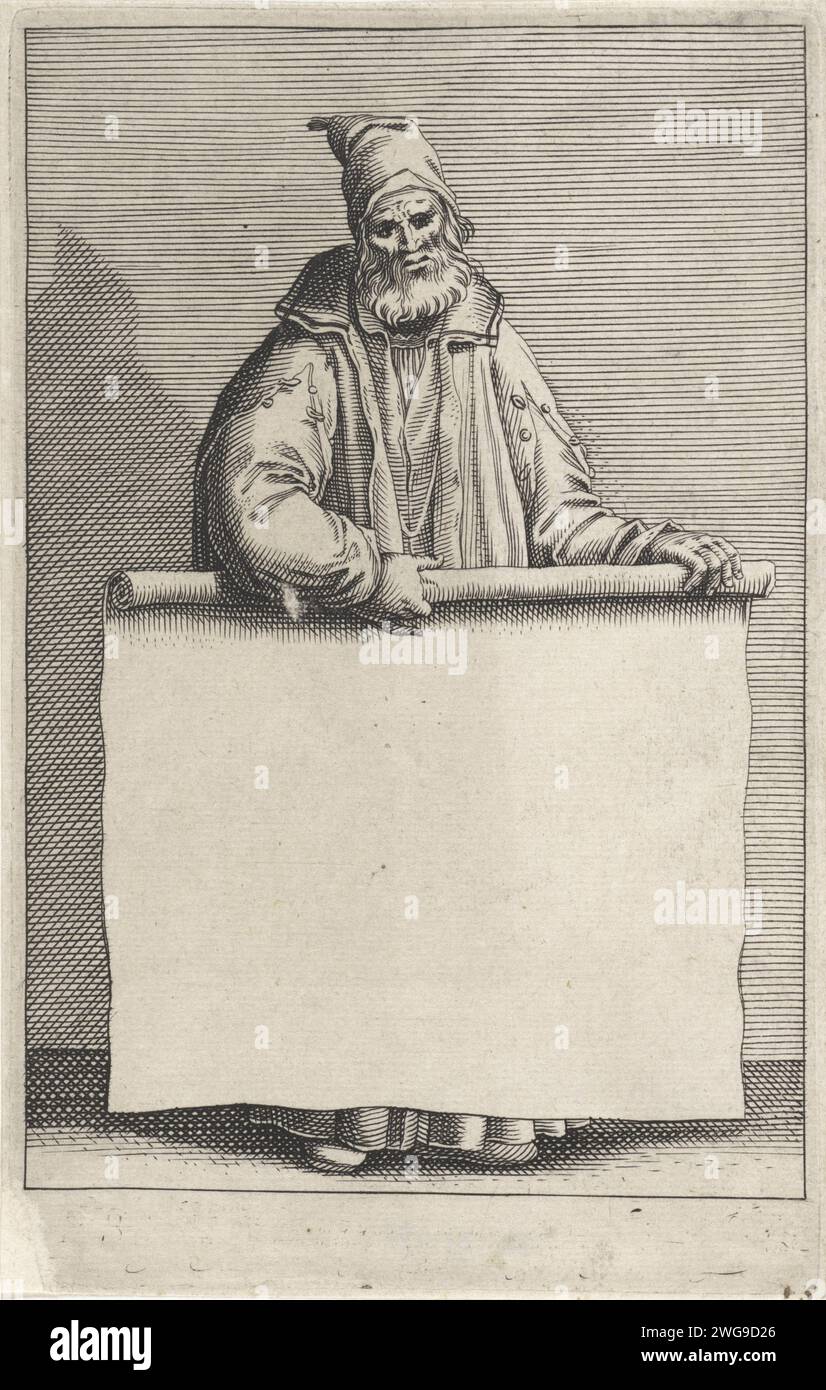 Old man with roll paper, Pieter Serwouters, 1601 - 1657 print Old man with beard and a square collar with a rolled out scroll in hand. He holds the unwritten sheet of paper with both hands. Amsterdam paper engraving old man. scroll - LL - scroll unfolded Stock Photo