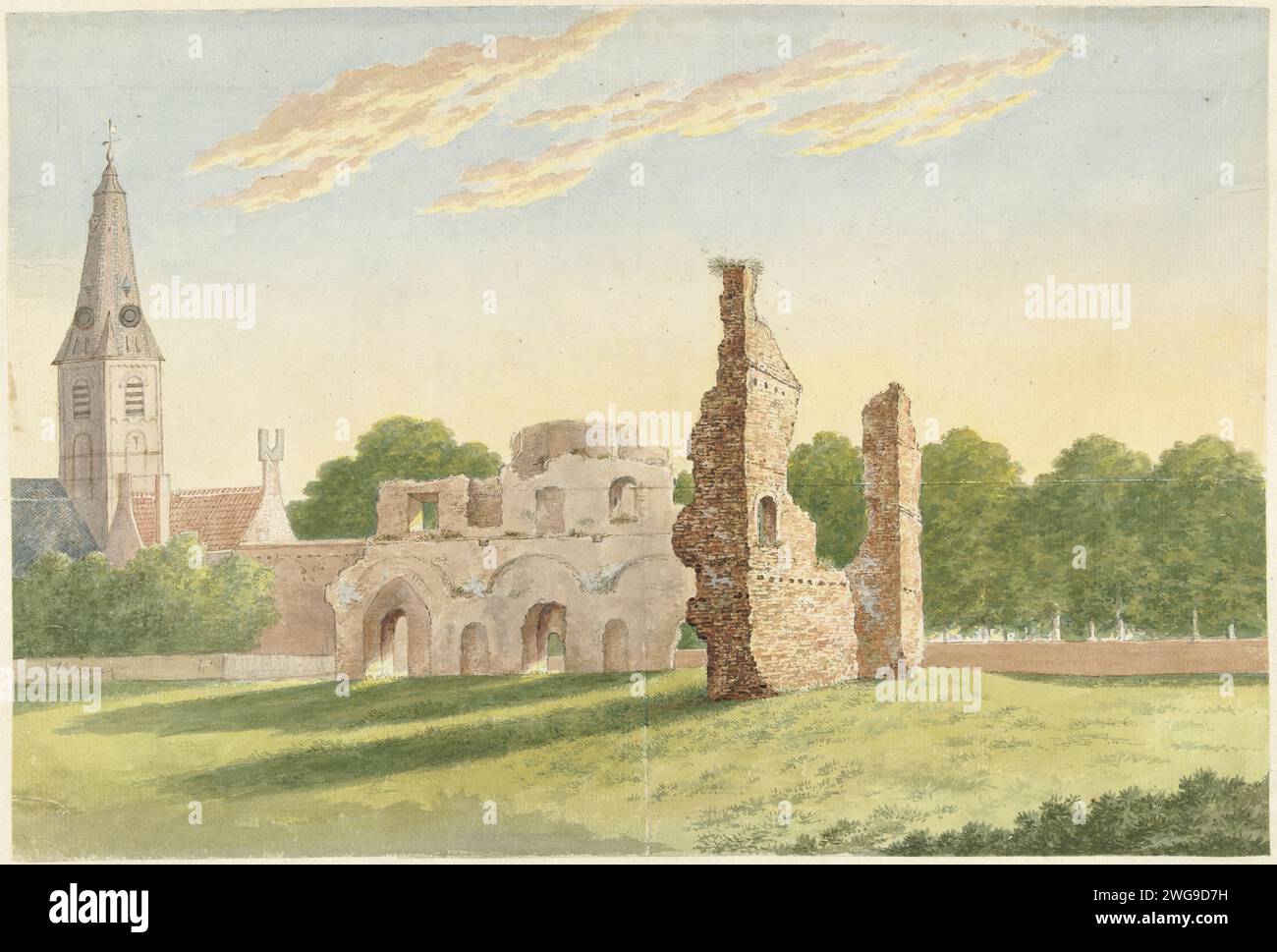 The ruins of the Rijnsburg abbey, Gerardus Johannes Verburgh, 1812 drawing   paper. pencil. watercolor (paint) brush ruin of church, monastery, etc. Abbey of Rijnsburg Stock Photo