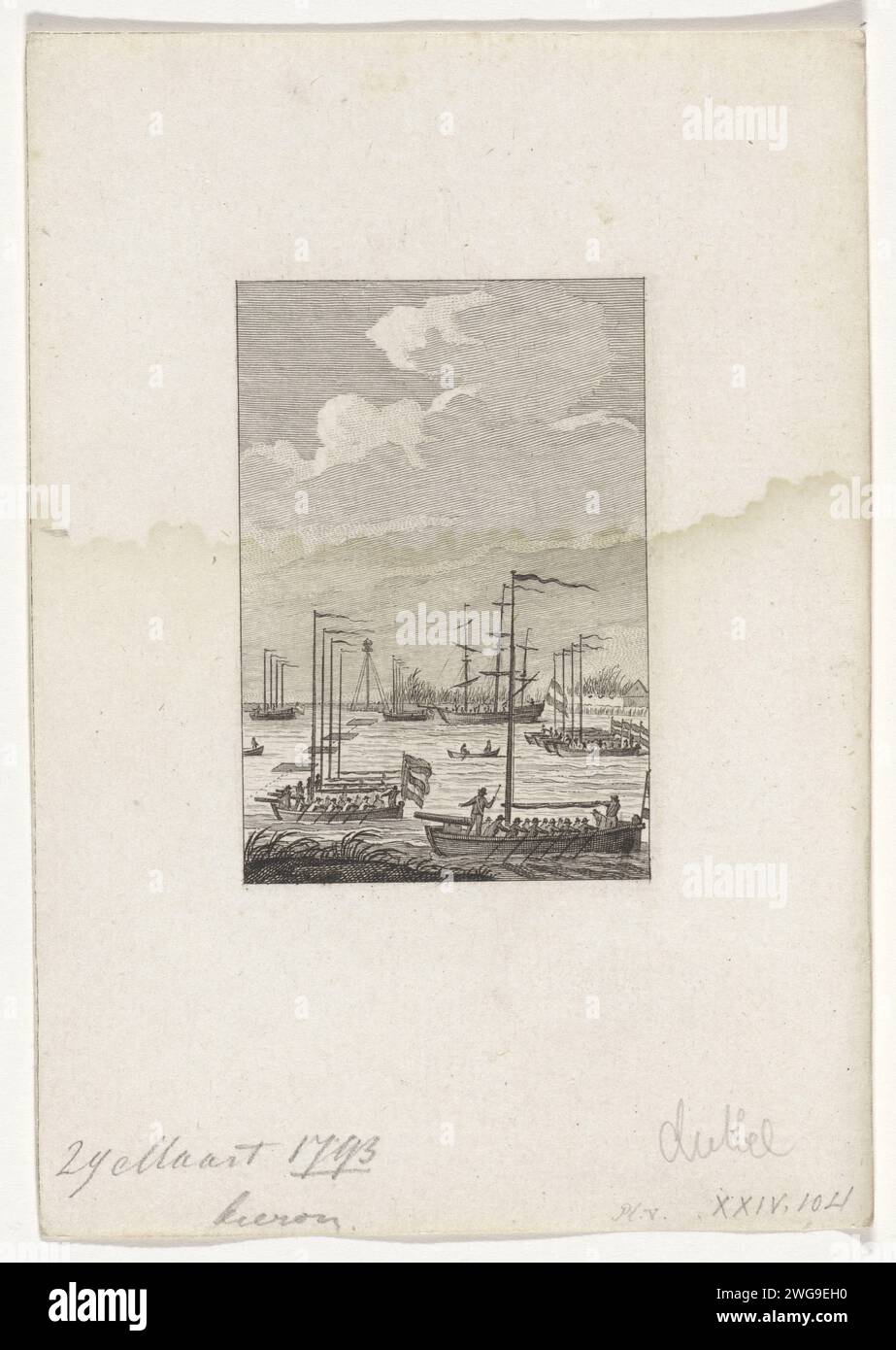 Gun sloops in the Dordtsche Kil, 1793, Reinier Vinkeles (I), After Jacobus Buys, 1783 - 1795 print The closure of the Dordtsche Kil with rafts, guns and some other vessels on March 29, 1793, as a defense against the French. Amsterdam paper etching rowing-boat, canoe, etc.. chains across waterway Dordtse Kil Stock Photo