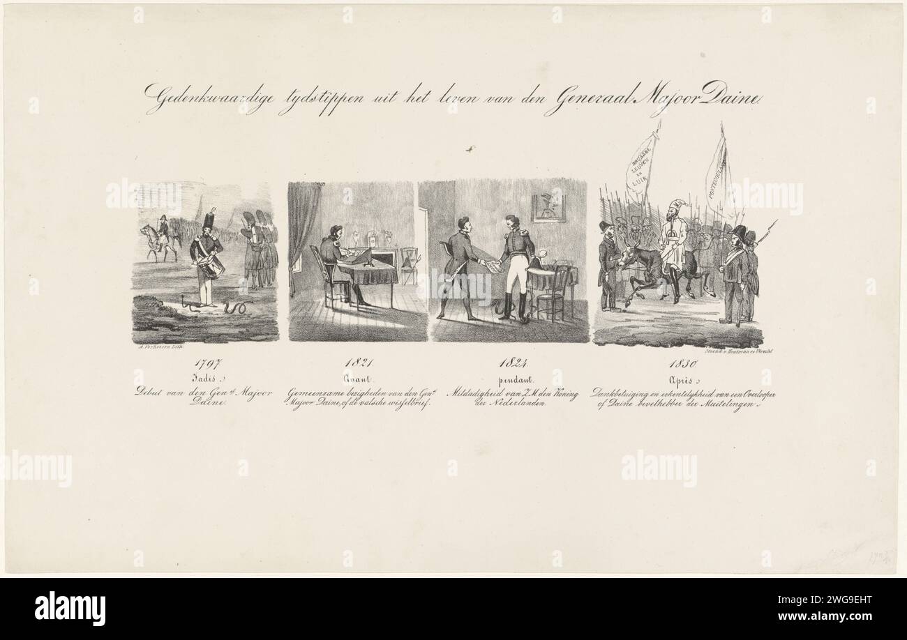 Cartoon on General Daine, 1830-1831, Albertus Hoorsen, 1830 - 1831 print Cartoon on the General Daine, 1830-1831. Magazine with four events from the life of the Dutch General in 1797 (Jadis: Debut as a drum drug), 1821 (Avant: writer of the false switches), 1824 (Pendant: poisoning by King William I) and 1830 (après: Over to the Belgian army). In the last representation of Daine as commander of the Belgian Muvenelingen, on the right in the foreground Jambe de Bois. See also the Pendant. print maker: Netherlandsprinter: Utrecht paper  traitor to one's country Stock Photo