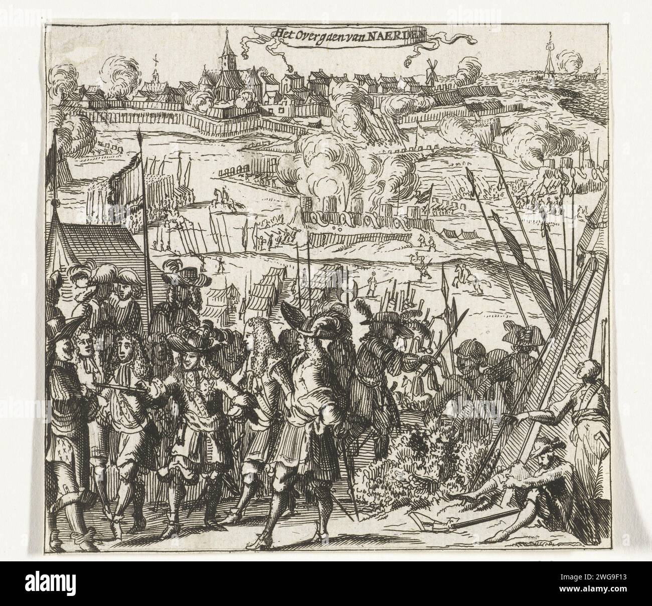 Siege and conquest of Naarden by the Prince of Orange, 1673, 1674 - 1699 print Small representation of the siege and conquest of Naarden by the Prince of Orange, 12 September 1673. In the foreground the Prince between his staff of officers. In the background the siege of the city. Northern Netherlands paper etching / engraving siege, position war. capture of city (after the siege) Naarden Stock Photo