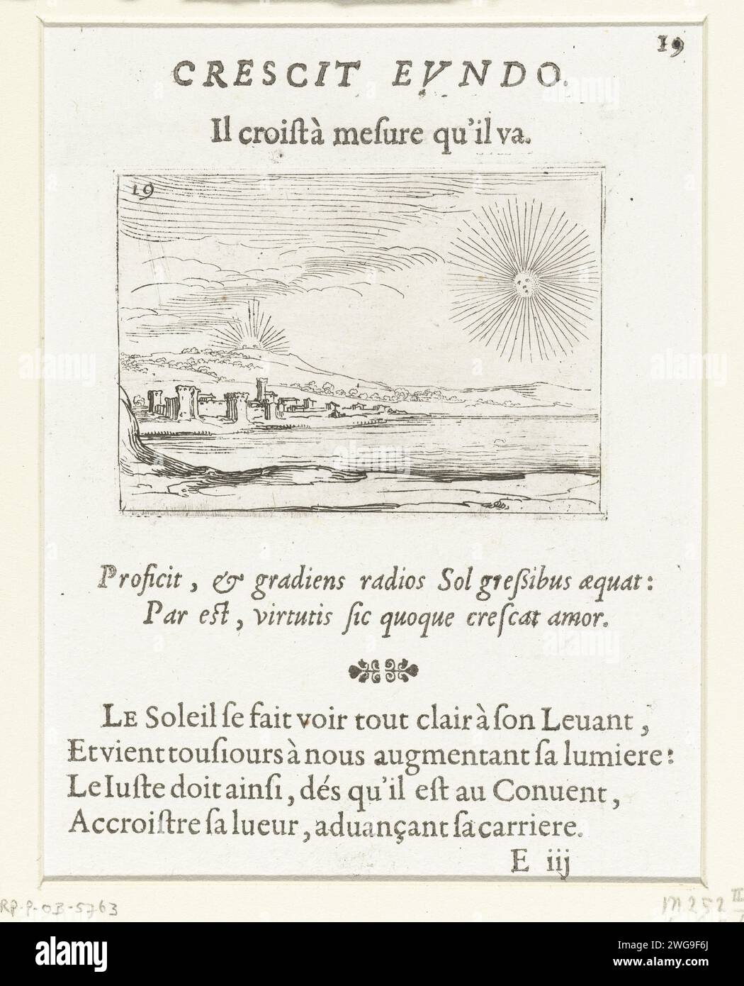 Sunrise, Jacques Callot, 1646 print Presentation of the sun that rises above a coastal landscape. Above and below this print Latin and French texts in book print. This magazine is part of the emblem series 'Monastic Life in Emblemen'. In addition to an illustrated title page and 26 emblems, the second state of this series is a title page and a magazine with assignment, both in book print without image. print maker: Nancypublisher: Paris paper etching / letterpress printing sunrise Stock Photo