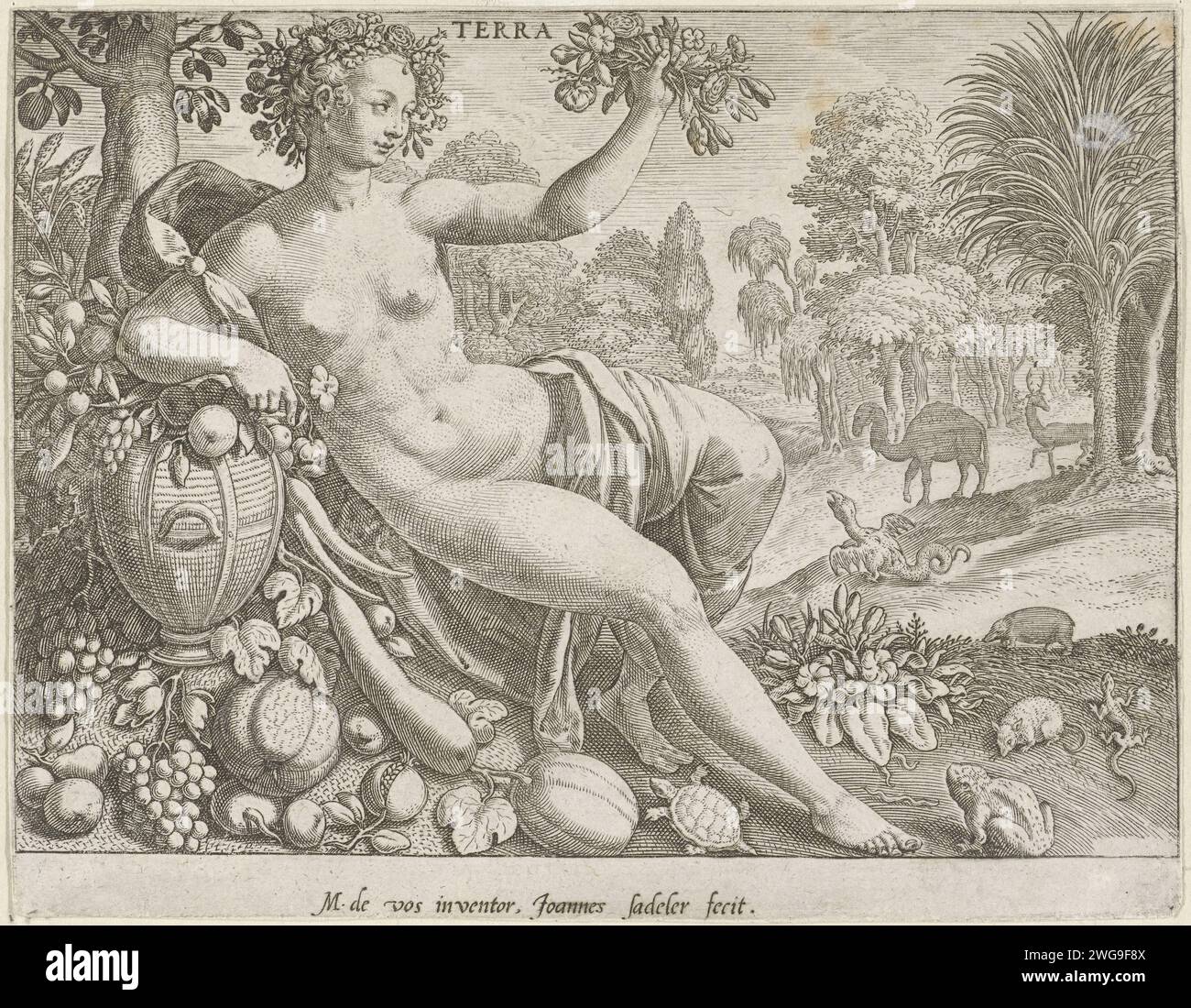 Earth, Johann Sadeler (I), After Maerten de Vos, 1560 - 1600 print The female personification of the Earth element. A flower wreath around her head. She sits under a tree, leaning on a vase with fruits. In the background a subtropical landscape with a palm tree and some animals, including a dragon and a dromedaris. The print is part of a series with the four elements the subject. unknown paper engraving 'Terra', 'Carro della terra' (Ripa). fruits. landscapes in tropical and sub-tropical regions. dragon. tailless amphibians: frog. hoofed animals: dromedary Stock Photo