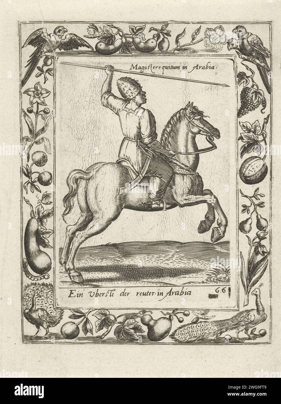 Arab chief on horseback, Anonymous, After Abraham de Bruyn, 1577  Cartouche with image of horse and rider to the right. The horse is in a gallop. The rider is an Arab officer. He has a spear in his hand. The print has a German caption and Latin inscription. Print originally from 'Equitum Descripcio ...', 1577. Cologne paper engraving warfare; military affairs (+ cavalry, horsemen). folk costume, regional costume. Asiatic races and peoples (with NAME). (military) uniforms. officer Stock Photo
