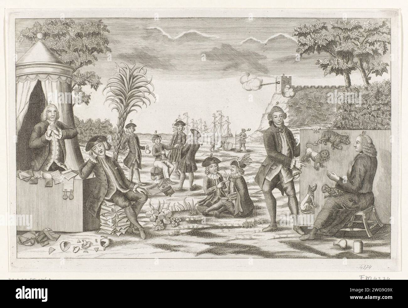 Cartoon of the problems between England and America and Holland, ca. 1780, Anonymous, 1780 print Cartoon on the British problems with America and the Republic, ca. 1780. On the left are George III and Lord North, mourning over the broken teapots. On the right a Frenchman shows a painting on a Dutchman. Original Americans in the background. The plate includes a loose leaf with the legend. Northern Netherlands paper etching / engraving / letterpress printing political caricatures and satires. Native peoples of North America. Fourth Anglo-Dutch War Stock Photo