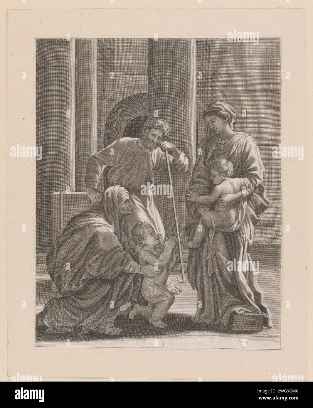 Johannes by Elisabeth introduced to Maria and Kind, Joseph watches, Anonymous, 1600 - 1699 print  France paper engraving Holy Family with John the Baptist, Elisabeth present Stock Photo