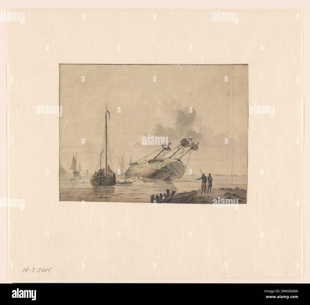 Repairs on a ship, seen from the side, Anonymous, 1700 - 1800 drawing   paper. ink pen / brush repairing, caulking, careening ( ship) Stock Photo