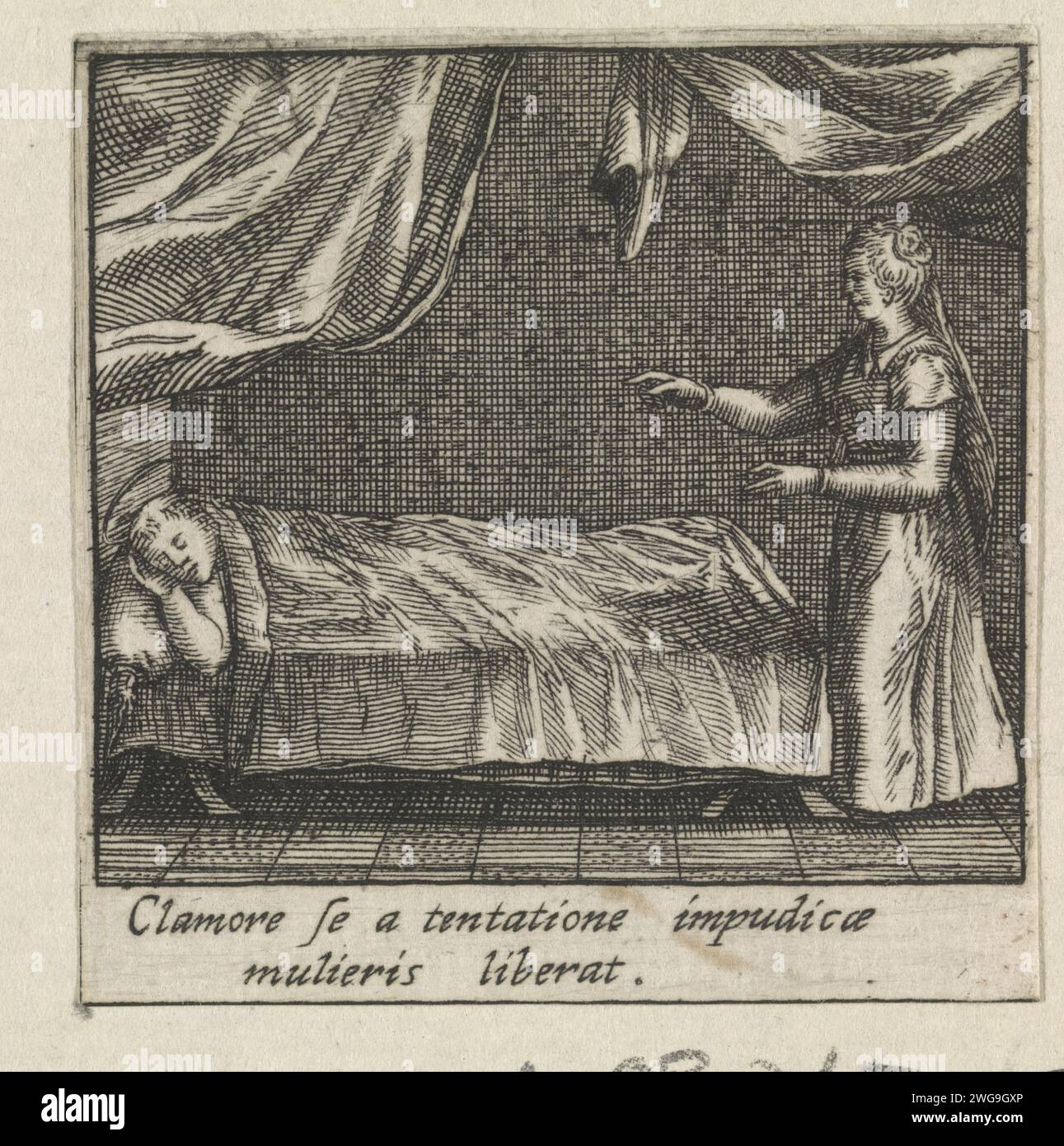 Saint Bernardus of Clairvaux is attacked in his sleep by an unchaste woman, Raphaël Sadeler (I) (Possible), 1605 - 1628 print An unkind woman tries to approach the bed of the sleeping H. Bernardus of Clairvaux. The saint will chase the woman away early. The print is part of a fourteen -part series that forms a framework around an image of the H. Bernardus of Clairvaux. München paper engraving the carnal temptations of St. Bernard of Clairvaux. sleeping in bed Stock Photo