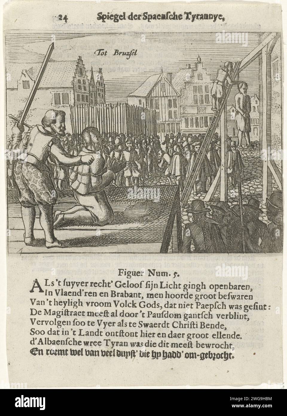 Executions by order of Alva, ca. 1567, 1618 - 1649 print Executions carried out by the Duke of Alva, in the foreground an decapitation, behind it a suspension, in Brussels. Under the show a verse of 8 lines in Dutch. Numbered: 5. Northern Netherlands paper etching violent death by beheading. violent death by hanging Brussels Stock Photo
