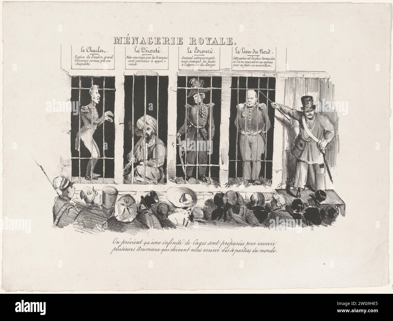 Royal Menagerie, 1830, Anonymous, 1830 - 1831 print Cartoon in which Jambe de Bois shows four cages with wild animals to the Belgian audience. There is a closed frost in every cage. On the right King William I as 'Le Lion du Nord'. In the other three cages are 'Le Charlon' (Karel X), 'Le Dérouté (Hussein Dey van Algiers) and' Le Bronzé '(Karel II Hertog of Brunswijk). With two -way caption. Belgium paper  collection of animals Stock Photo