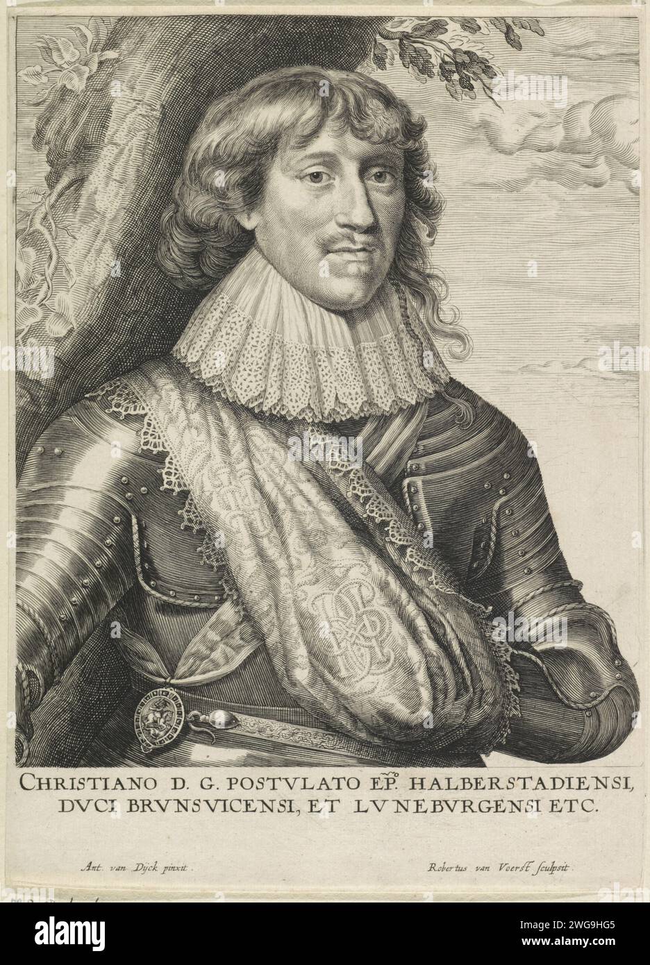 Portrait of Christiaan, Duke of Brunswijk -Wolfenbüttel, Robert van Voerst, After Anthony Van Dyck, After Daniël Mijtens (I), 1625 - 1636 print Portrait of Christiaan, Duke of Brunswijk and Lüneburg, military leader in the fight against the Habsburgs and the Catholic League during the thirty -year war. Utrecht paper engraving armour Stock Photo