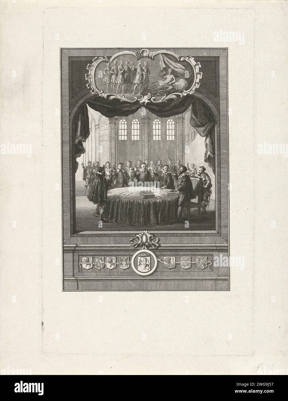 Closing the Union of Utrecht, 1579, 1768 - 1770 print Closing the Union of Utrecht. View of interior with a curtain on top in which a group of men standing around a table taking an oath, January 23, 1579. At the top a cartouche with a representation of the case law of Count William III in 1336. At the bottom of the weapons of the seven provinces. Northern Netherlands paper etching swearing an oath (with two fingers raised). alliance, league, union, foedus Stock Photo