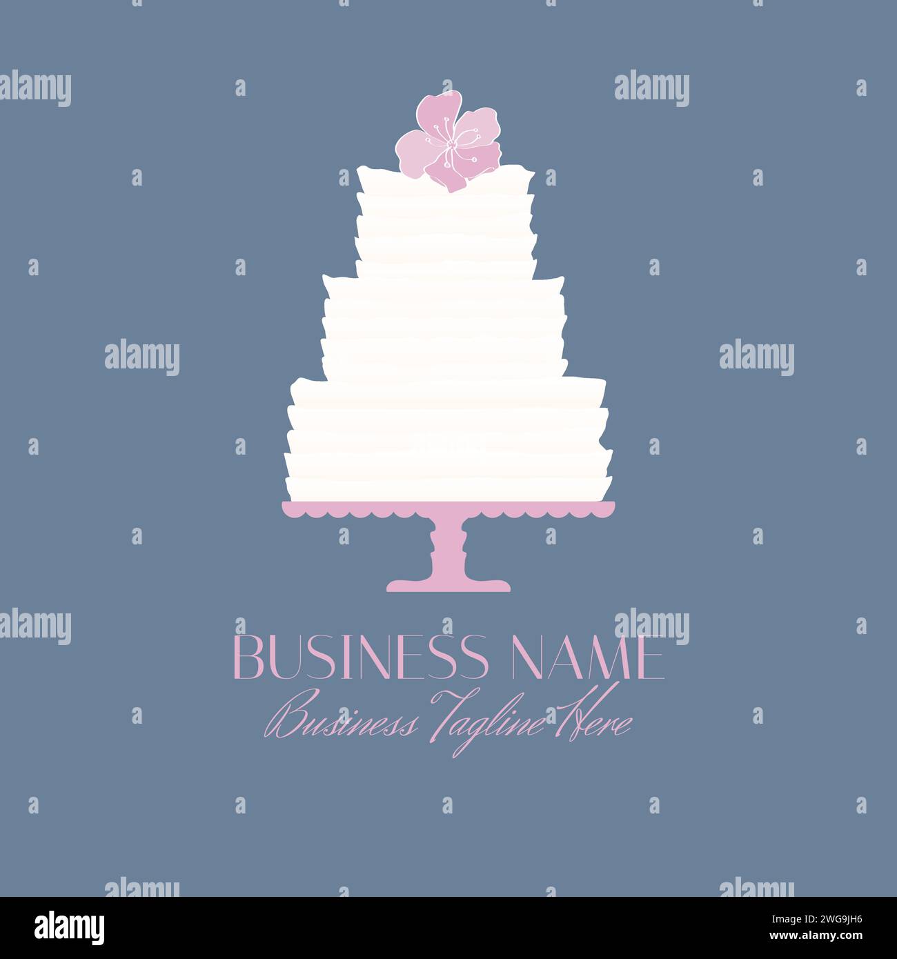 Logo Design with White Cake and Pink Flowers on Blue Background Stock Vector