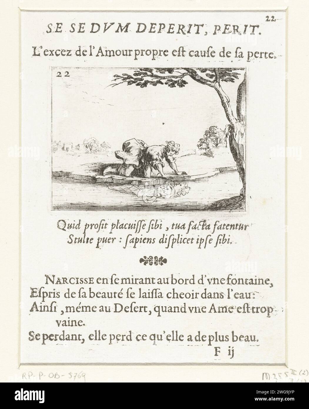 Narcissus admires his mirror image in the water, Jacques Callot, 1646 print Presentation of a young man (Narcissus) who looks at his own mirror image at a waterfront. Above and below this print Latin and French texts in book print. This magazine is part of the emblem series 'Monastic Life in Emblemen'. In addition to an illustrated title page and 26 emblems, the second state of this series is a title page and a magazine with assignment, both in book print without image. print maker: Nancypublisher: Paris paper etching / letterpress printing Narcissus, gazing in a fountain, falls in love with h Stock Photo
