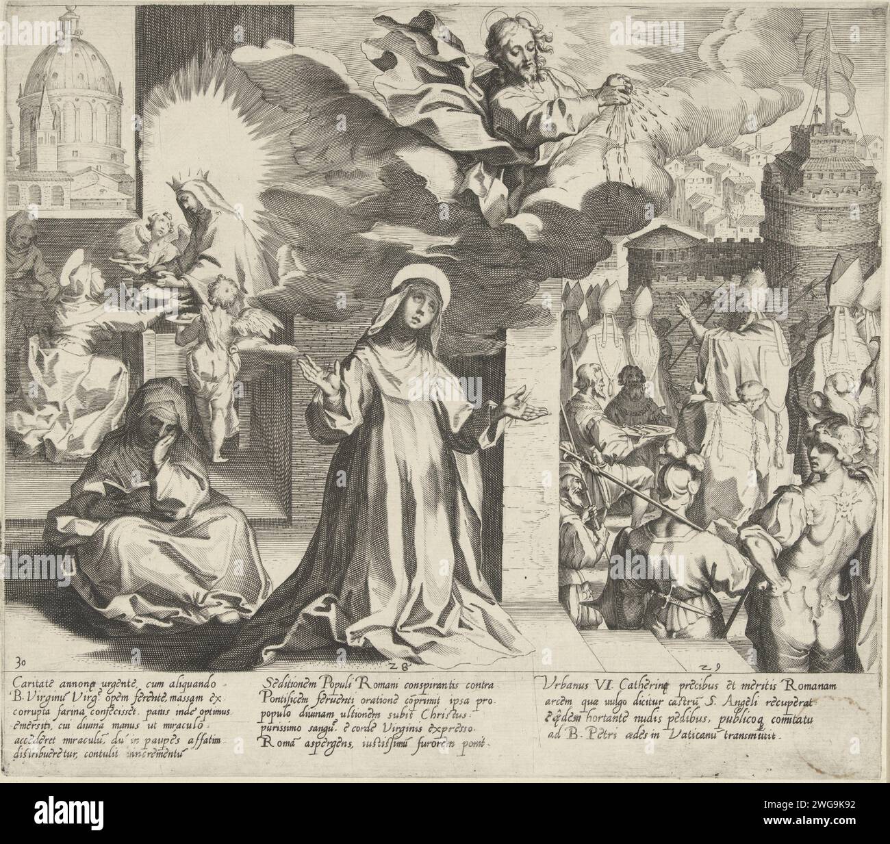 Maria pluses bread that Catharina can hand out on the poor / Christ colander his blood over the city of Rome / Pope Urbanus VI moves into the Engelenburcht, Pieter de Jode (I), After Francesco Vanni, 1597 print From left to right: Catharina kneels for an appearance of the crowned Maria. Maria and two angels offer Catharina Brood that it can then divide it under the arms.; Catharina is located in a house in Rome and Bidt. Christ on a cloud presses blood out of his heart and sprinkles the people of Rome with it.; Under pressure from the Roman people, Urbanus VI is chosen as pope and now with a f Stock Photo