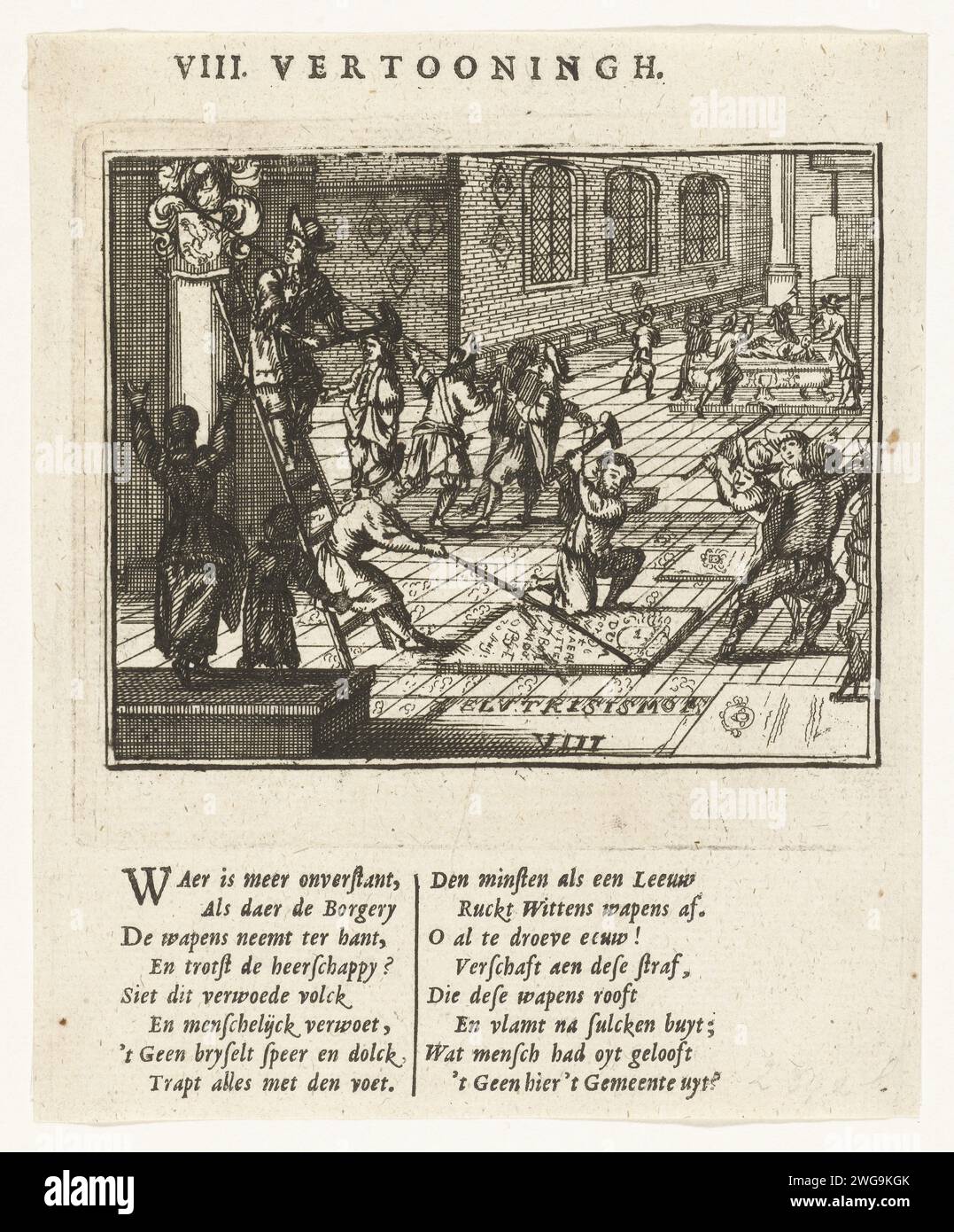 Destroying the Counts of the De Witt family in the churches of The Hague, 1672, 1672 print The Hague Burgerij destroys the graves of members of the De Witt family in the church, 1672. Scene from the life of Johan and Cornelis de Witt; Part of a group of illustrations, numbered: VIII. Showing and accompanied by a verse of 8 lines. Printed on the back with text in Dutch. print maker: Southern Netherlandsafter print by: Antwerp paper etching / letterpress printing destruction of monuments, portraits, etc. ( revolution) The Hague Stock Photo