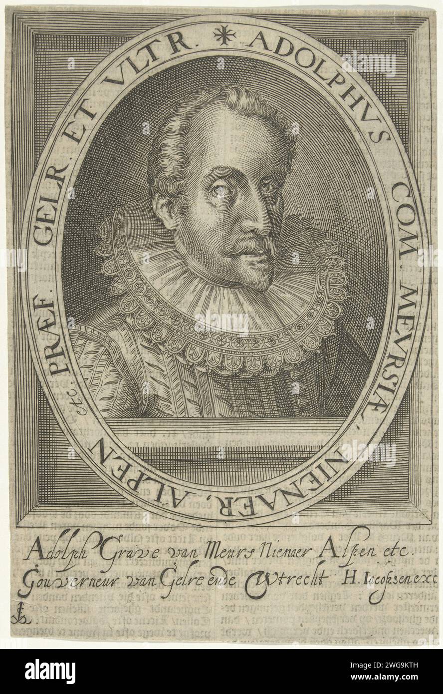 Portrait of Adolf van Nieuwenaar, Crispijn van den Queborn, 1623 print Portrait of Adolf van Nieuwenaar, count of Nieuwenaar and Meurs. Under the portrait are name and titles. The Hague paper engraving Stock Photo