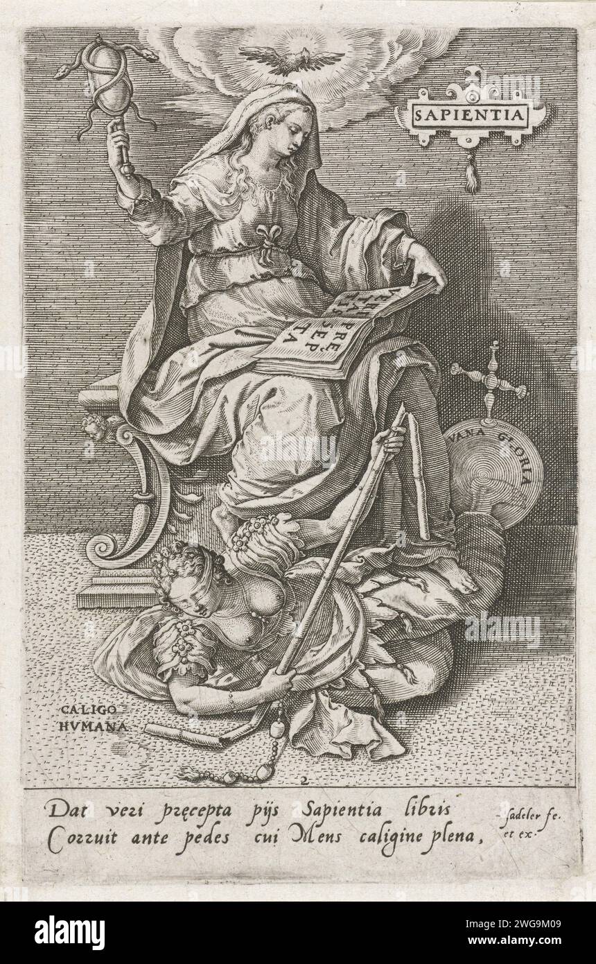 Wisdom (Sapientia) overcomes human bewilderment (Caligo Humana), Johann Sadeler (I), After Maerten de Vos, 1579 print The personification wisdom (sapientia), with a mirror in the hand where two snakes are turned around. She sits on a throne and reads a book entitled truth (Veritas). The Holy Spirit flies as a pigeon above her head. Wisdom tramples the personification of human bewilderment (Caligo Humana), a woman with a blindfold and a broken staff, stumbled over a globe with the name Vluchtige fame (Vana Gloria). Antwerp paper engraving 'Sapientia', Mother of the Seven Virtues (+ Holy Ghost ( Stock Photo
