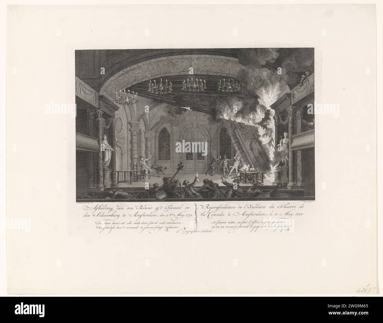 Theater of the Amsterdam Schouwburg at the outbreak of the Brand, 1772, Cornelis Bogerts, after Pieter Barbiers (I), 1772 print View on the scene of the Amsterdamse Schouwburg during the outbreak of the fire on 11 May 1772. The fire started during the performance of the opera 'De Deserteur'. On stage, actors flee and on the right a burning set piece falls around. Musicians flee the orchestra bin in the foreground. Under the show the title and a two -way verse in Dutch (left) and French (right). Part of a series of four prints with title print about the fire in the Amsterdam Schouwburg. Amsterd Stock Photo