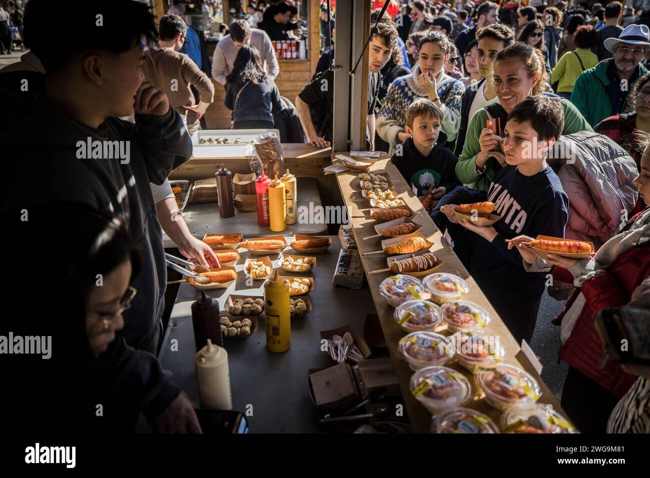 Barcelona, Spain. 03rd Feb, 2024. Food stalls seen installed during the