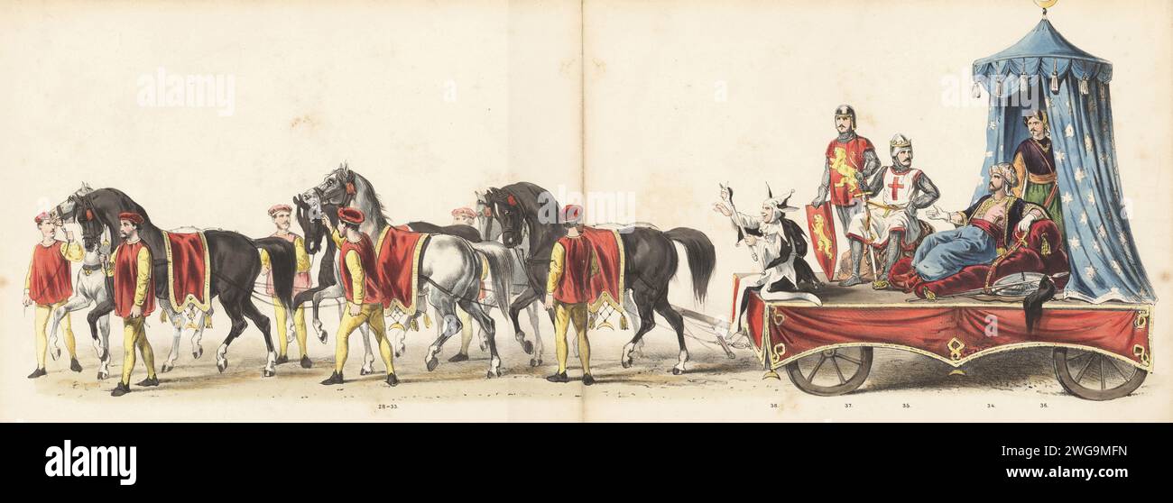 Waggon drawn by six horses from a historical pageant of the Crusades, 1586. Saladin, Salah ad-Din Yusuf ibn Ayyub, Sultan of the Ayyubid Empire 34, King Richard I the Lionheart 35, and his shield bearer 37, Al-Aziz Uthman 36, and jester 38. Malek-Naser-Yousouf-Salah-Ed-Din (sic), Sultan van Egypte 34, Richard genaamd Leenwenhart 35, Azz-Eddin 36, Schildknaap 37, Nar 38. Handcoloured lithograph by Pieter Willem Marius Trap after an illustration by Gerardus Johannes Bos in Maskerade, Leiden 1870, (Masquerade by Leiden Students 1870), a historical re-enactment of the visit by Robert Lord Dudley, Stock Photo