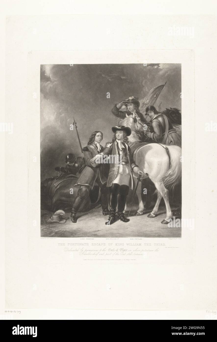 William III on the shoulder injured at the Battle of the Boyne, 1690, 1829 print William III on the shoulder injured at the Battle of the Boyne on July 11, 1690. Lord Coningsby stuffs the bleeding shoulder wound of William III with a handkerchief, right on horseback the count of Portland. The print is dedicated to the Earl of Essex that owned the handkerchief in question and a part of Willem III jacket. print maker: Englandafter painting by: Englandpublisher: London paper  medical aid and nursing of the sick and wounded during the battle Boyne Battlesite Stock Photo