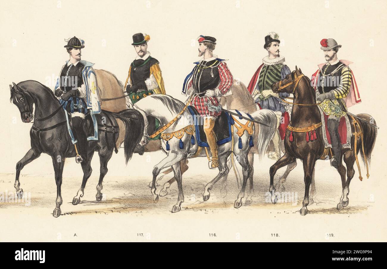 Costume of Dutch and English nobles, 1586. Cornelis Jansz van Egmond van de Nijenburg, mayor of Alkmaar A, Adriaan van Bleyenburg 117, Arend van Dorp 118, and Elizabethan courtiers Sir Walter Waller 116 and Henry Touchet, Lord Audley 119. Handcoloured lithograph by Pieter Willem Marius Trap after an illustration by Gerardus Johannes Bos in Maskerade, Leiden 1870, (Masquerade by Leiden Students 1870), a historical re-enactment of the visit by Robert Lord Dudley, Baron von Denbigh, Earl of Leicester, and others to Leiden University in 1586, published by Jac. Hazenberg Cornsz, Leiden, 1870. Stock Photo