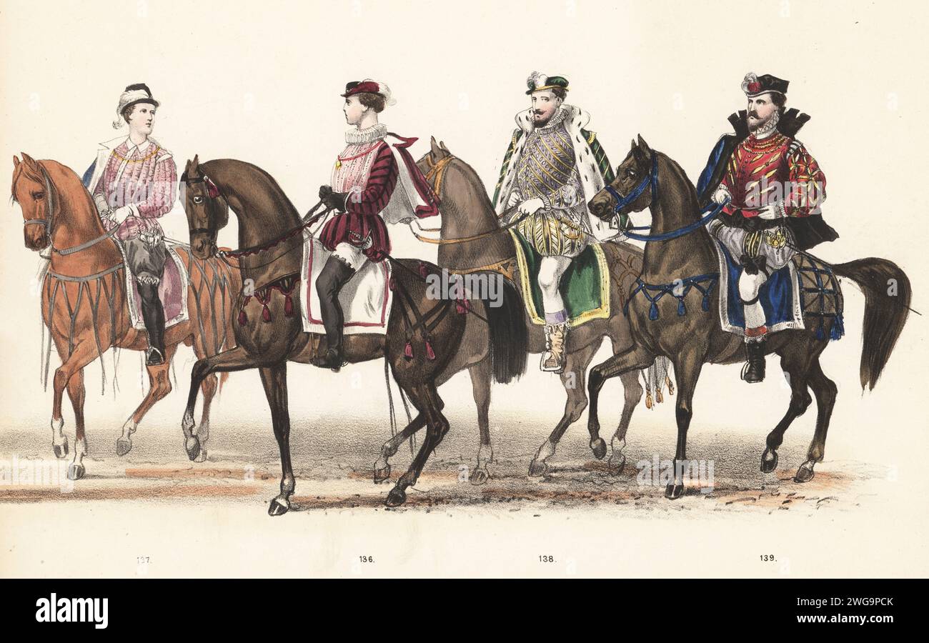 Costume of European royalty and nobility, 1586. Maurice, Prince of Orange 136, William Louis, Count of Nassau-Dillenburg 137, Manuel, Prince Hereditary of Portugal 138, and Gebhard Truchses, Elector of Cologne 139. Handcoloured lithograph by Pieter Willem Marius Trap after an illustration by Gerardus Johannes Bos in Maskerade, Leiden 1870, (Masquerade by Leiden Students 1870), a historical re-enactment of the visit by Robert Lord Dudley, Baron von Denbigh, Earl of Leicester, and others to Leiden University in 1586, published by Jac. Hazenberg Cornsz, Leiden, 1870. Stock Photo